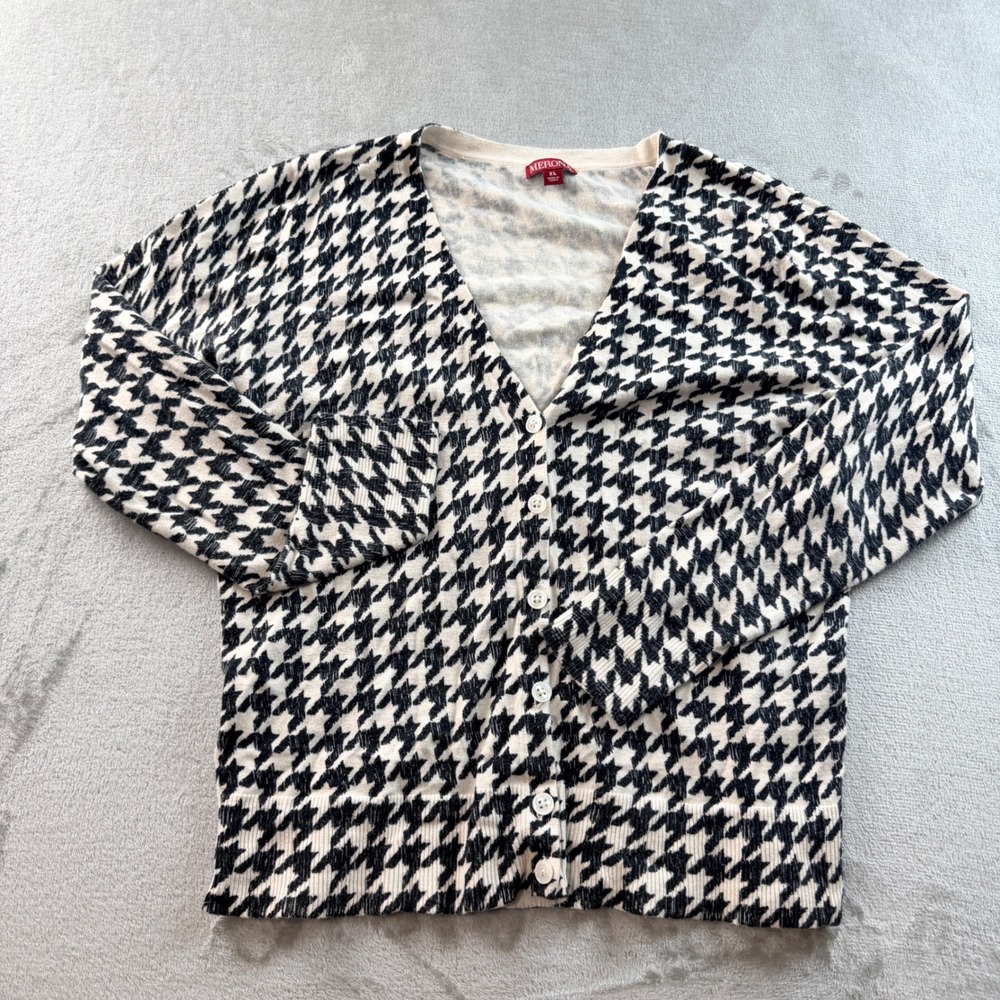 Merona Women's XL Houndstooth Cardigan Sweater Black White Button Front Cotton